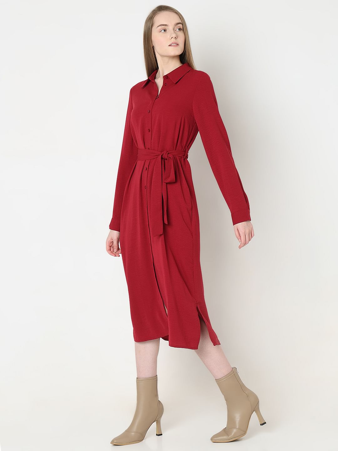 Red Midi Shirt Dress