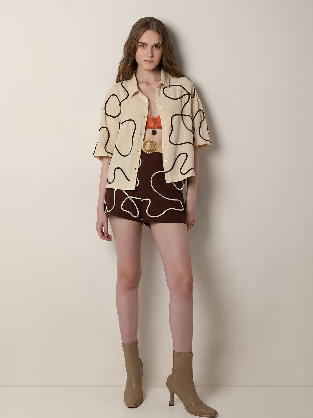 Beige Abstract Cording Co-Ord Set Shirt