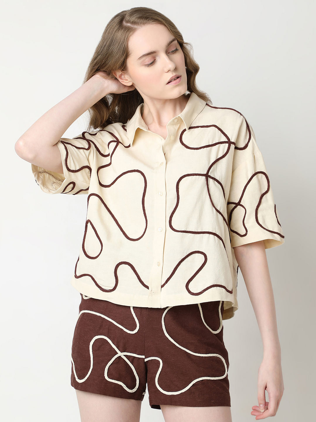 Beige Abstract Cording Co-Ord Set Shirt