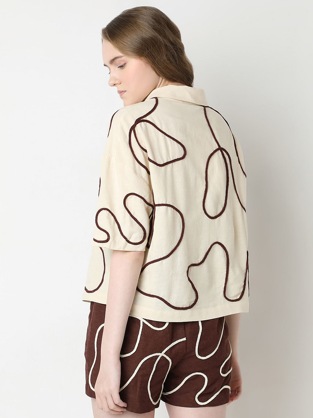 Beige Abstract Cording Co-Ord Set Shirt