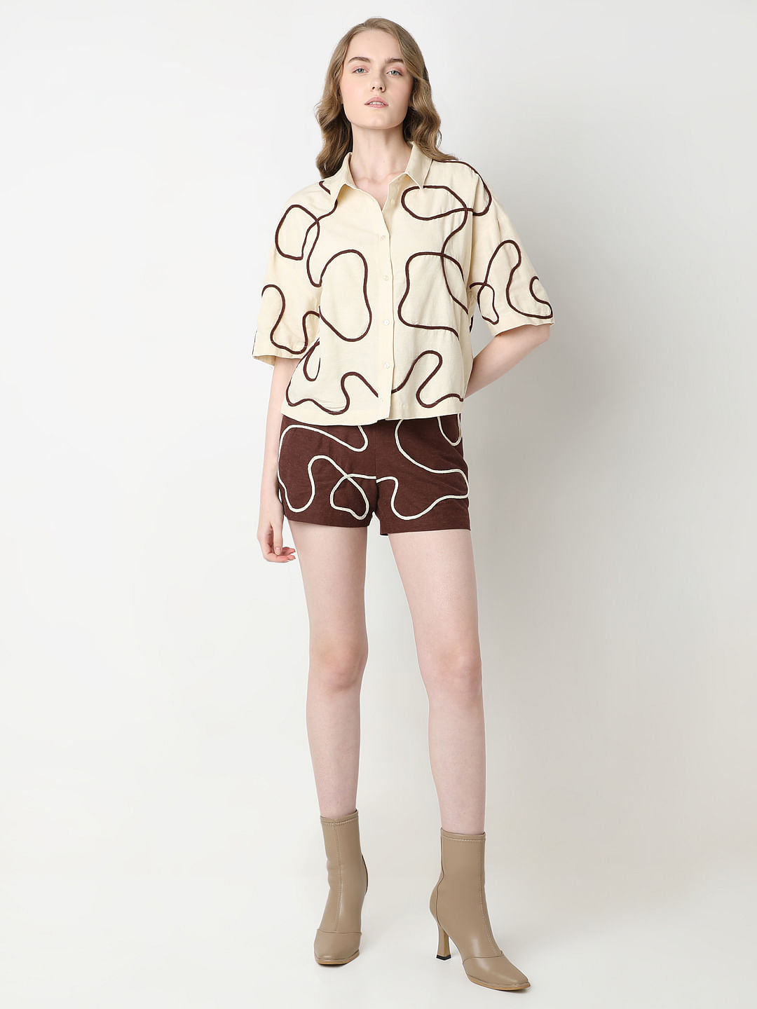 Beige Abstract Cording Co-Ord Set Shirt