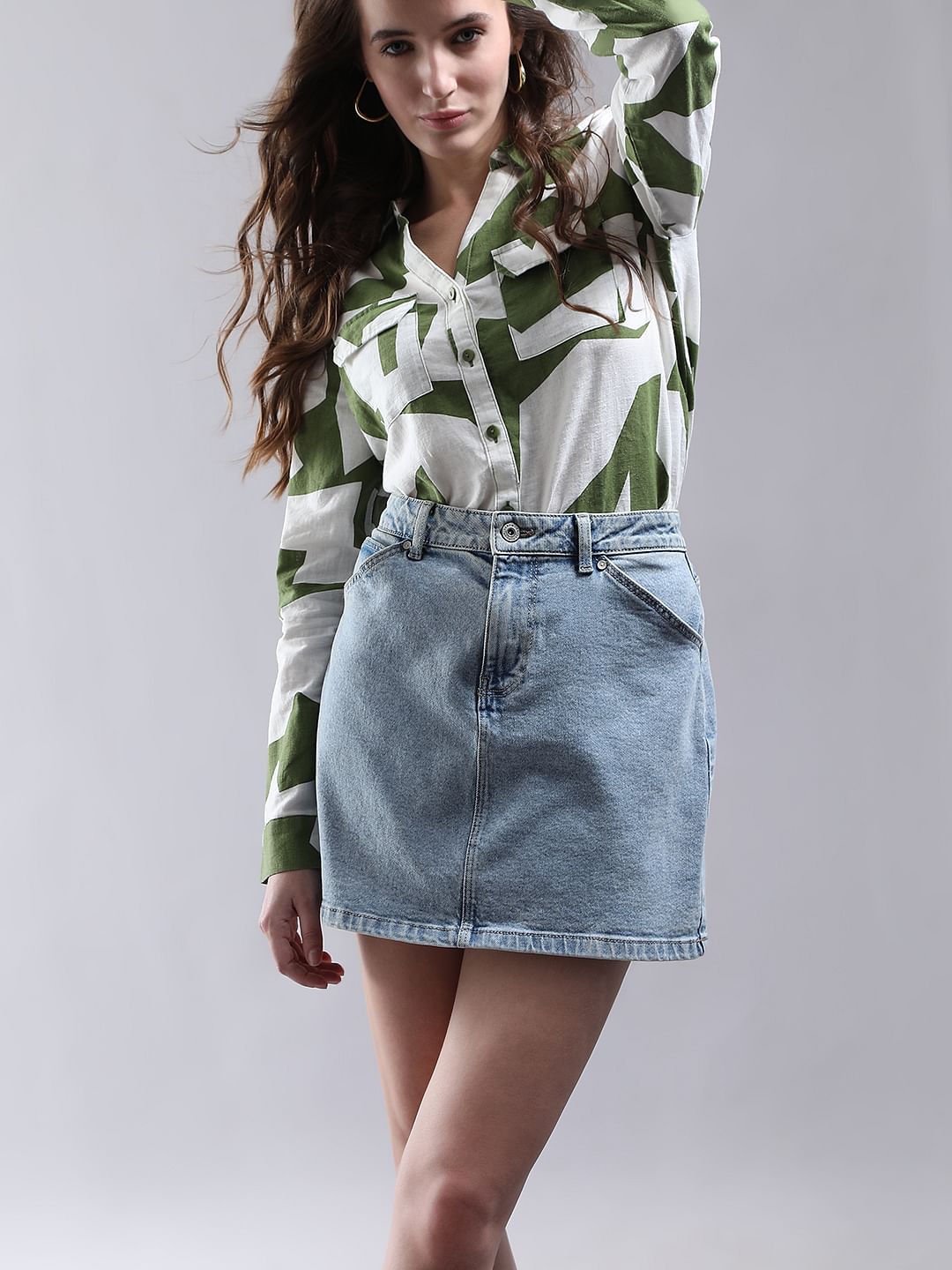 Green Abstract Print Linen Shirt