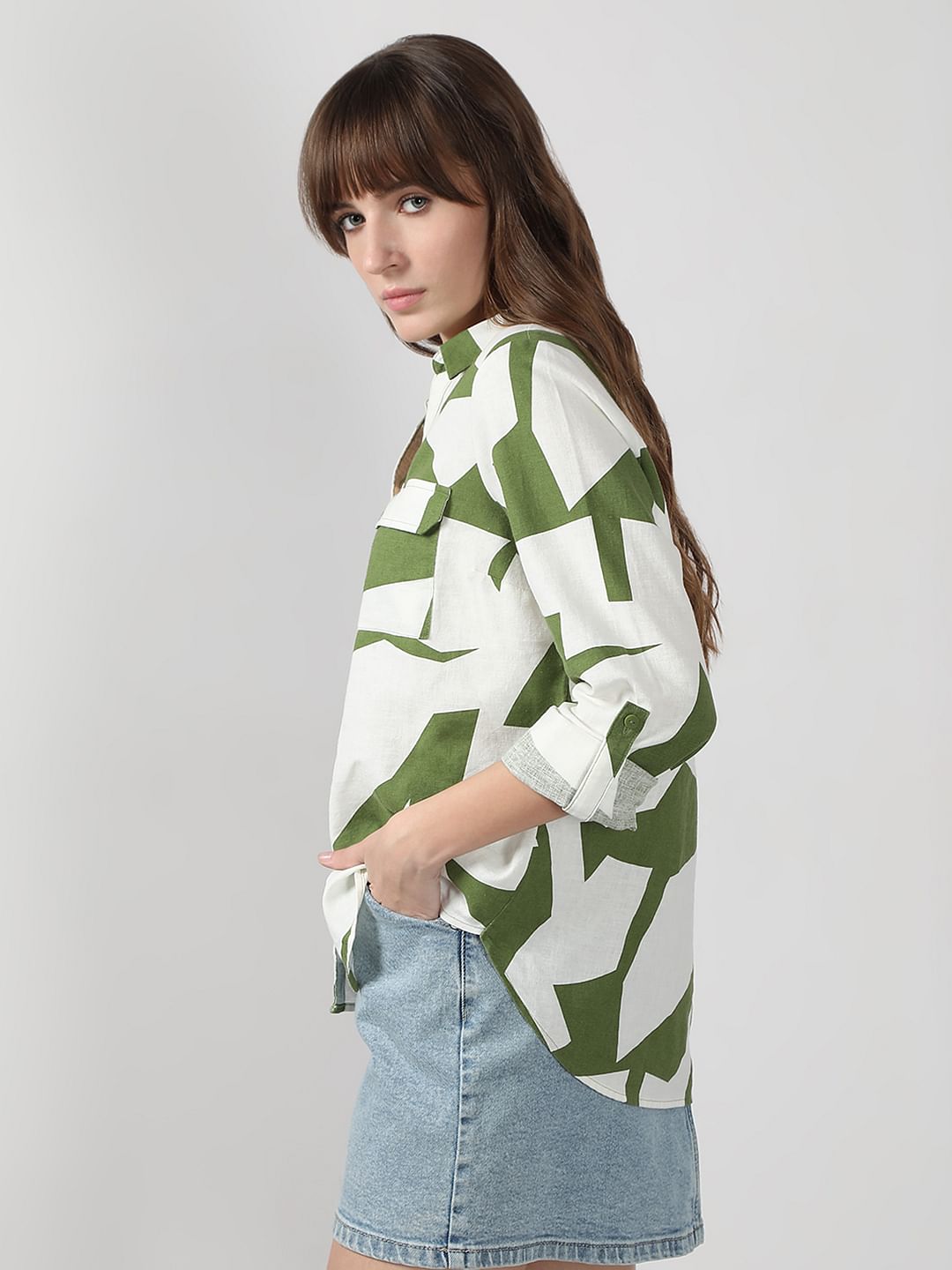 Green Abstract Print Linen Shirt