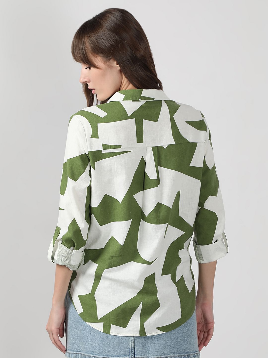 Green Abstract Print Linen Shirt