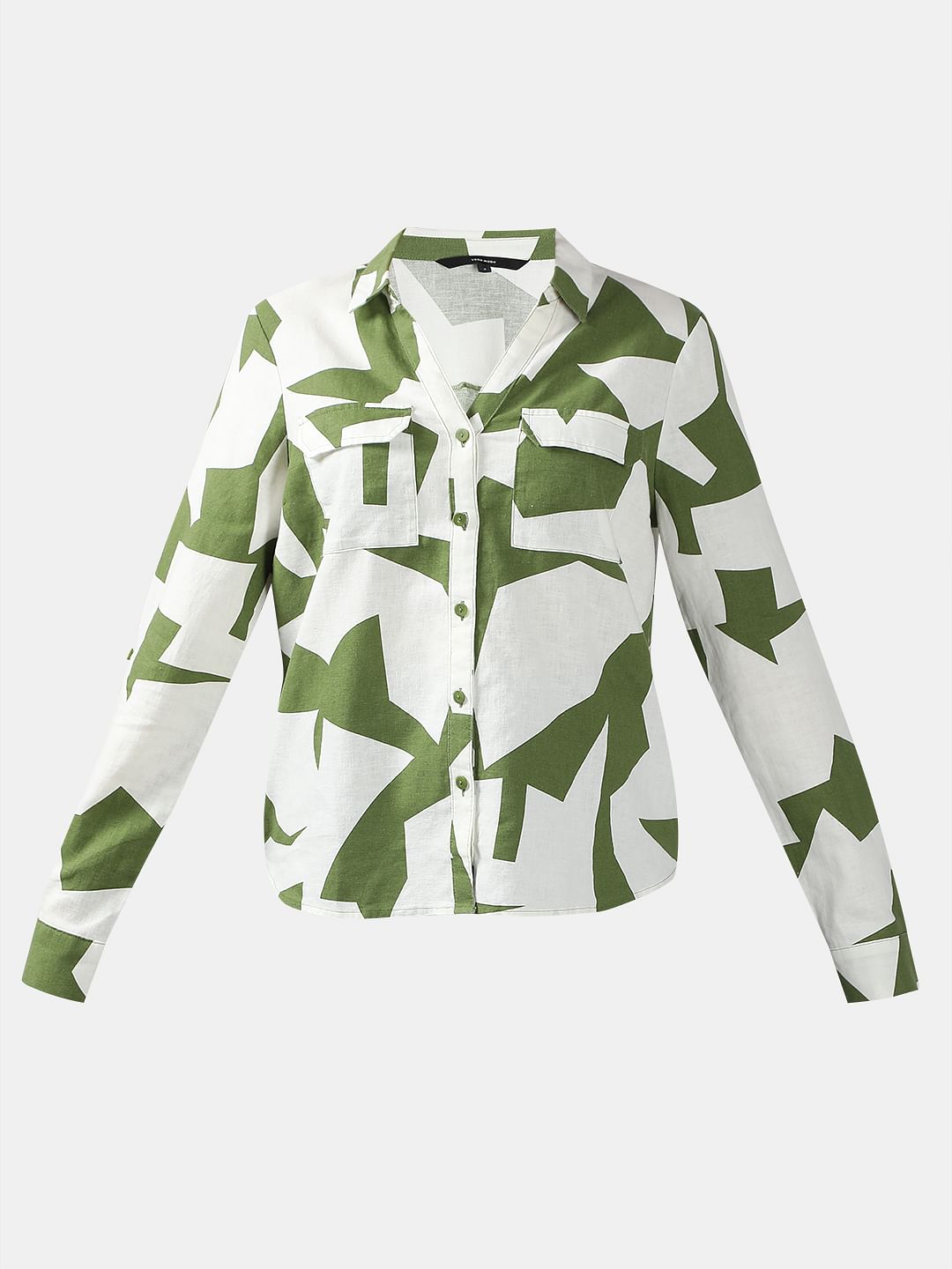 Green Abstract Print Linen Shirt
