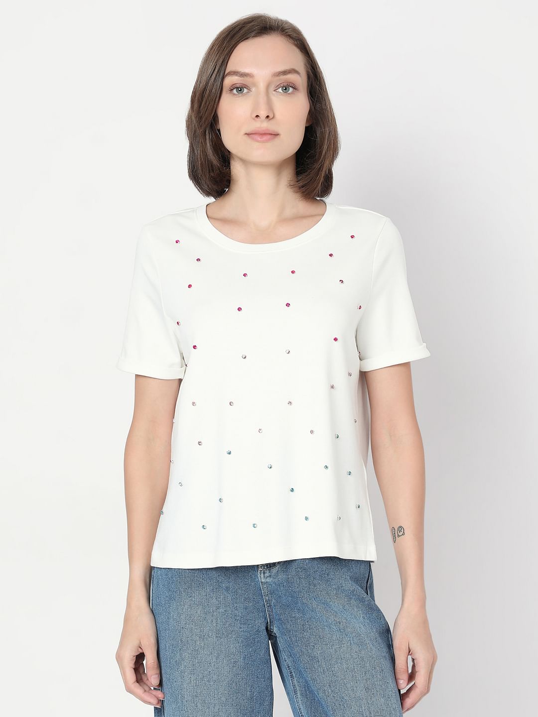 White Detail Rhinestone T-Shirt