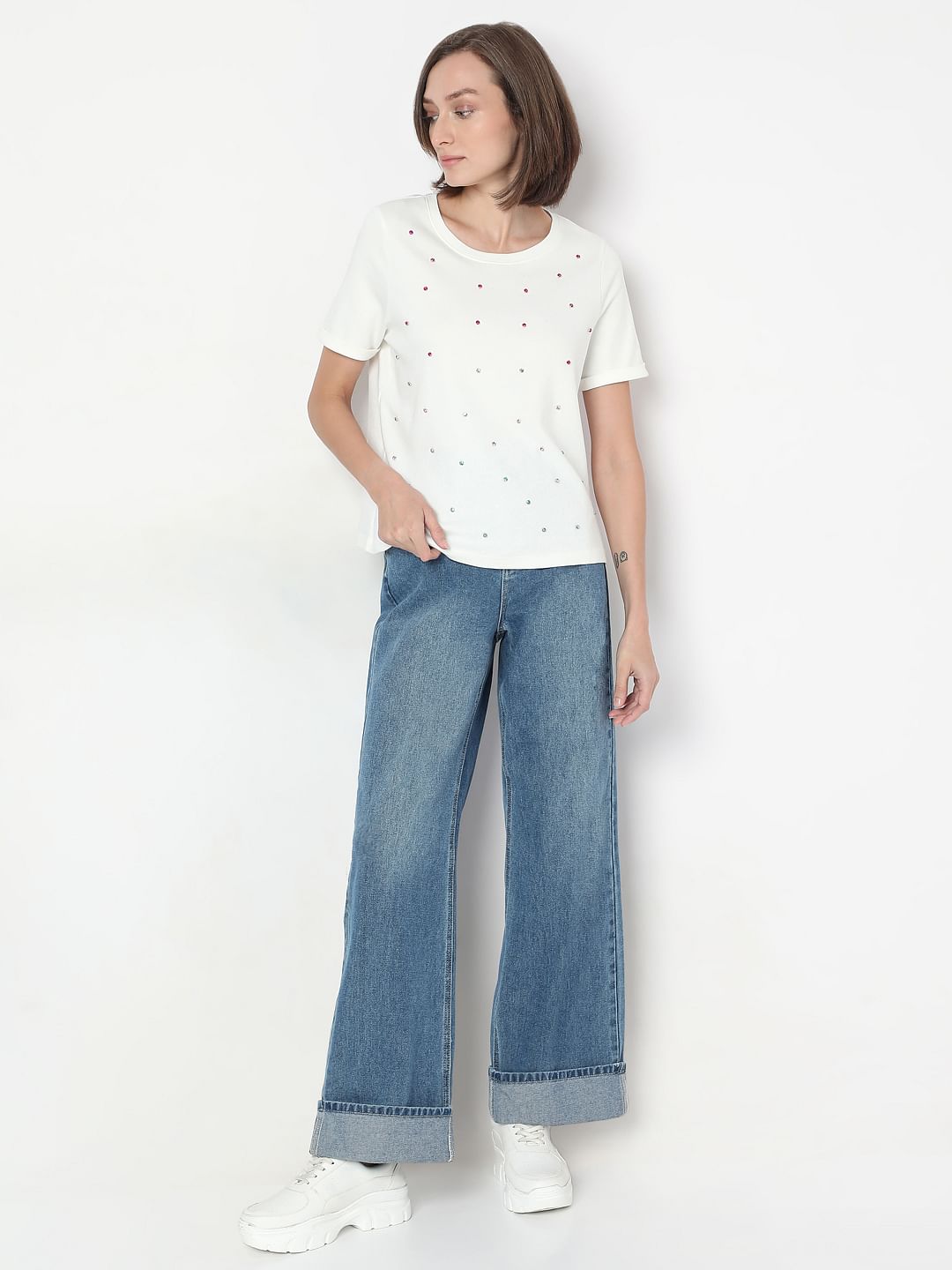 White Detail Rhinestone T-Shirt