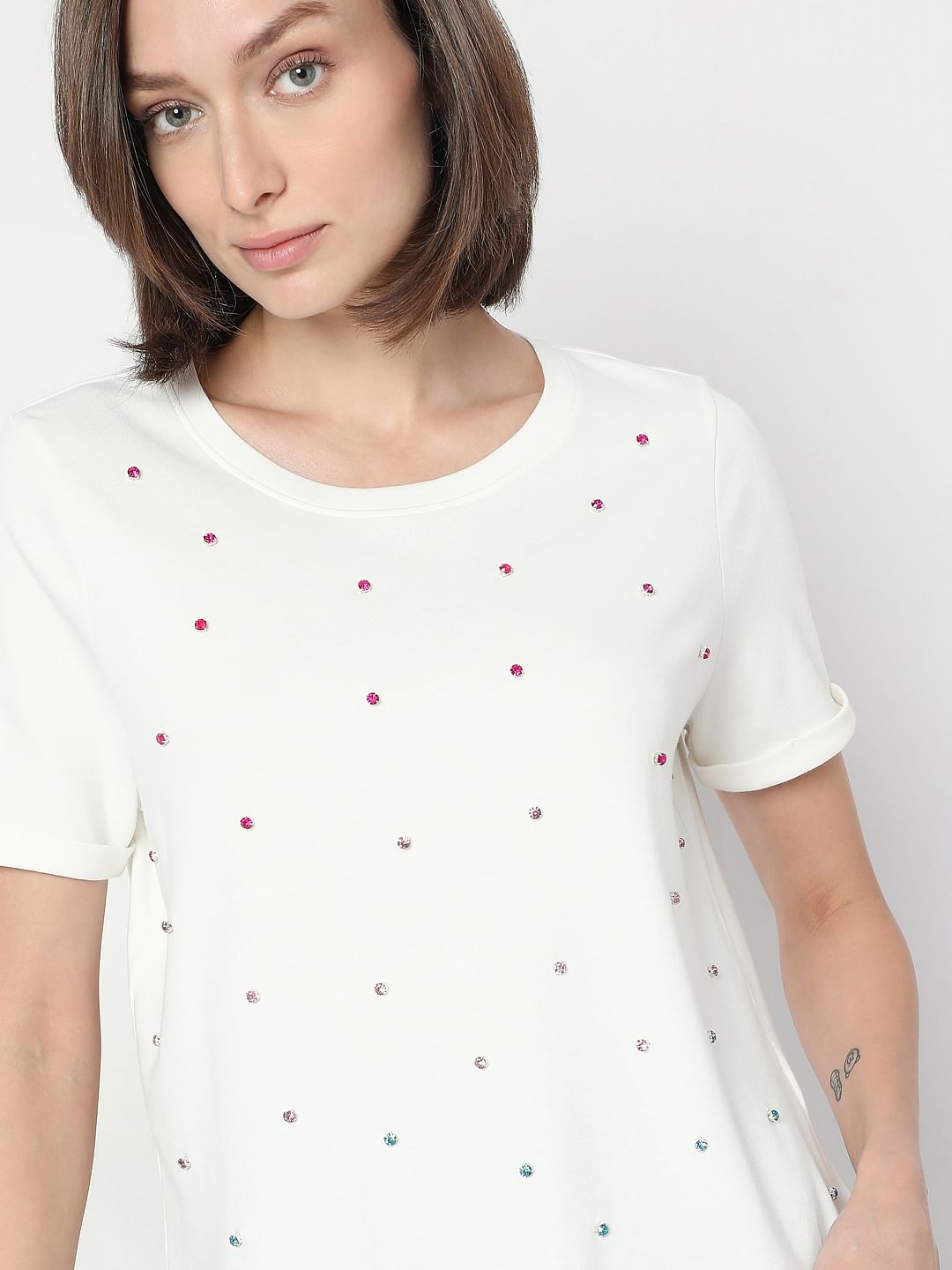 White Detail Rhinestone T-Shirt