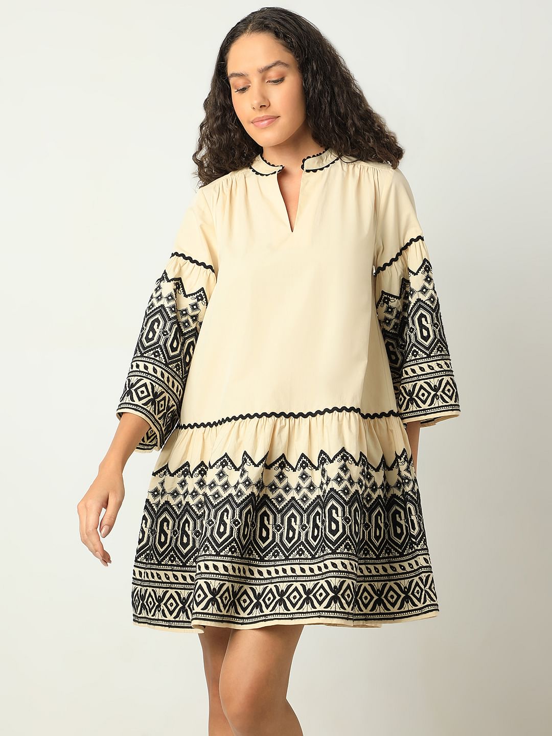 Beige Embroidered Print Dress