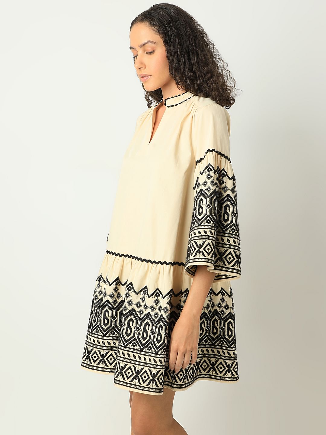 Beige Embroidered Print Dress