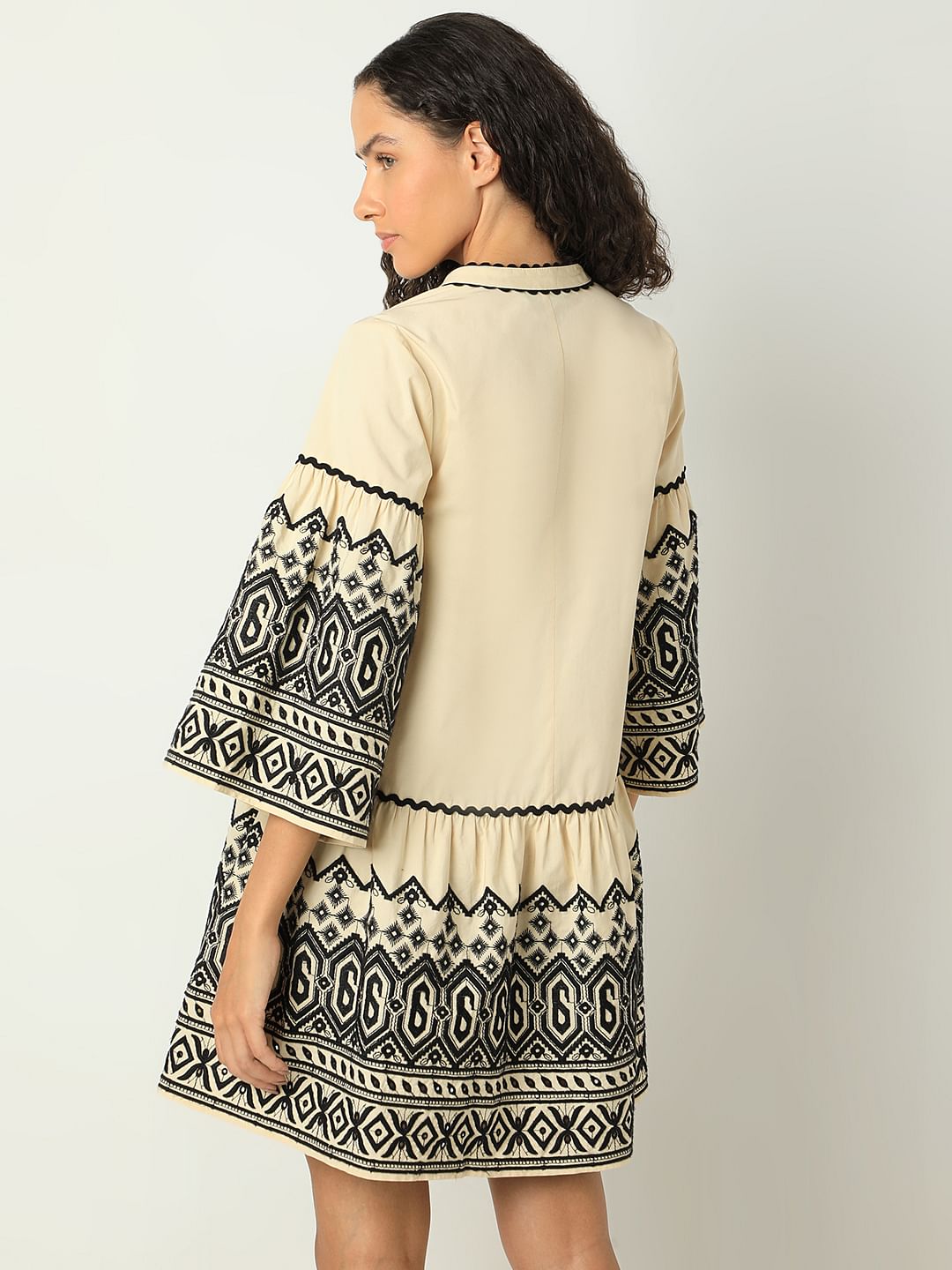 Beige Embroidered Print Dress