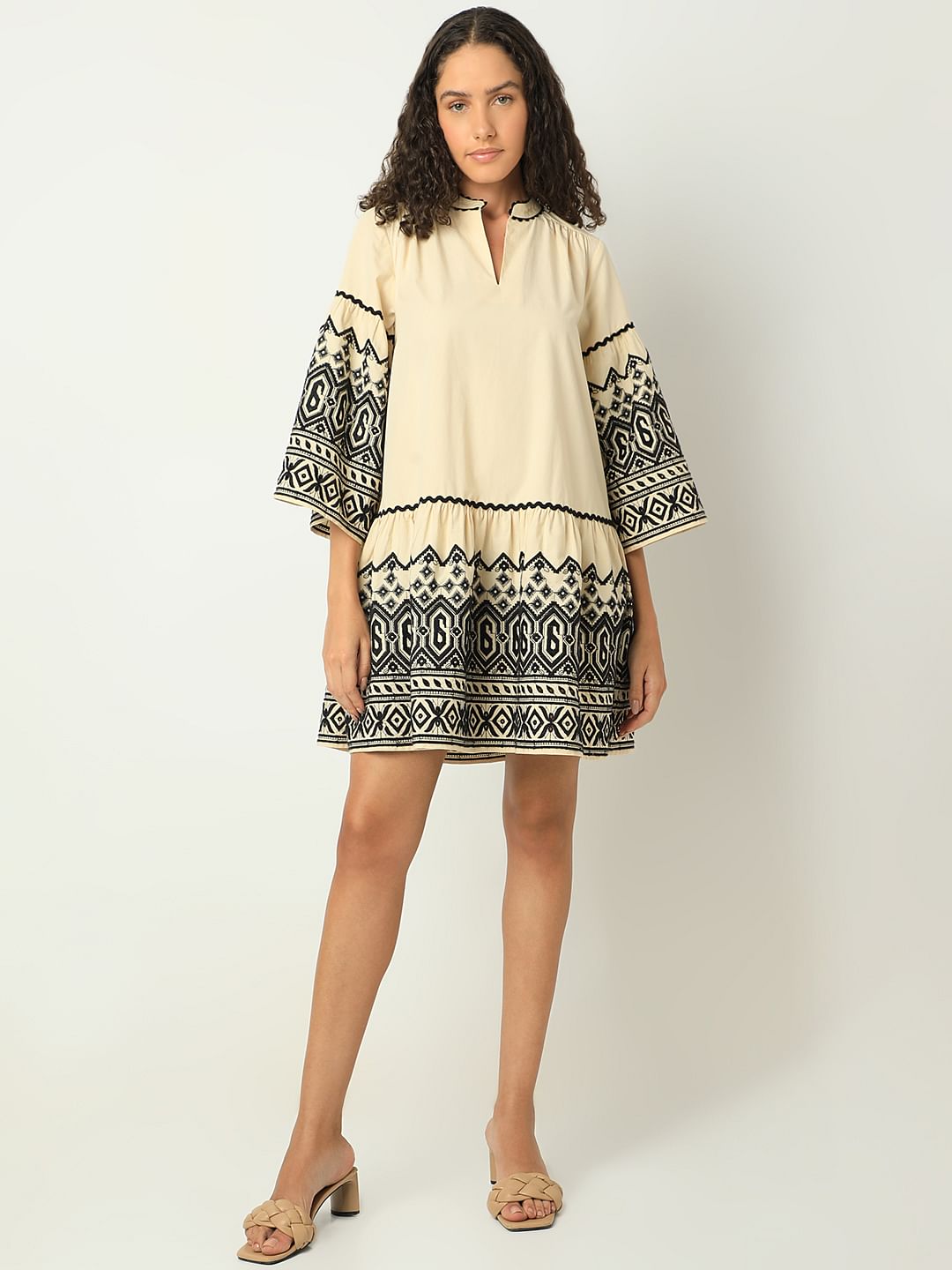 Beige Embroidered Print Dress