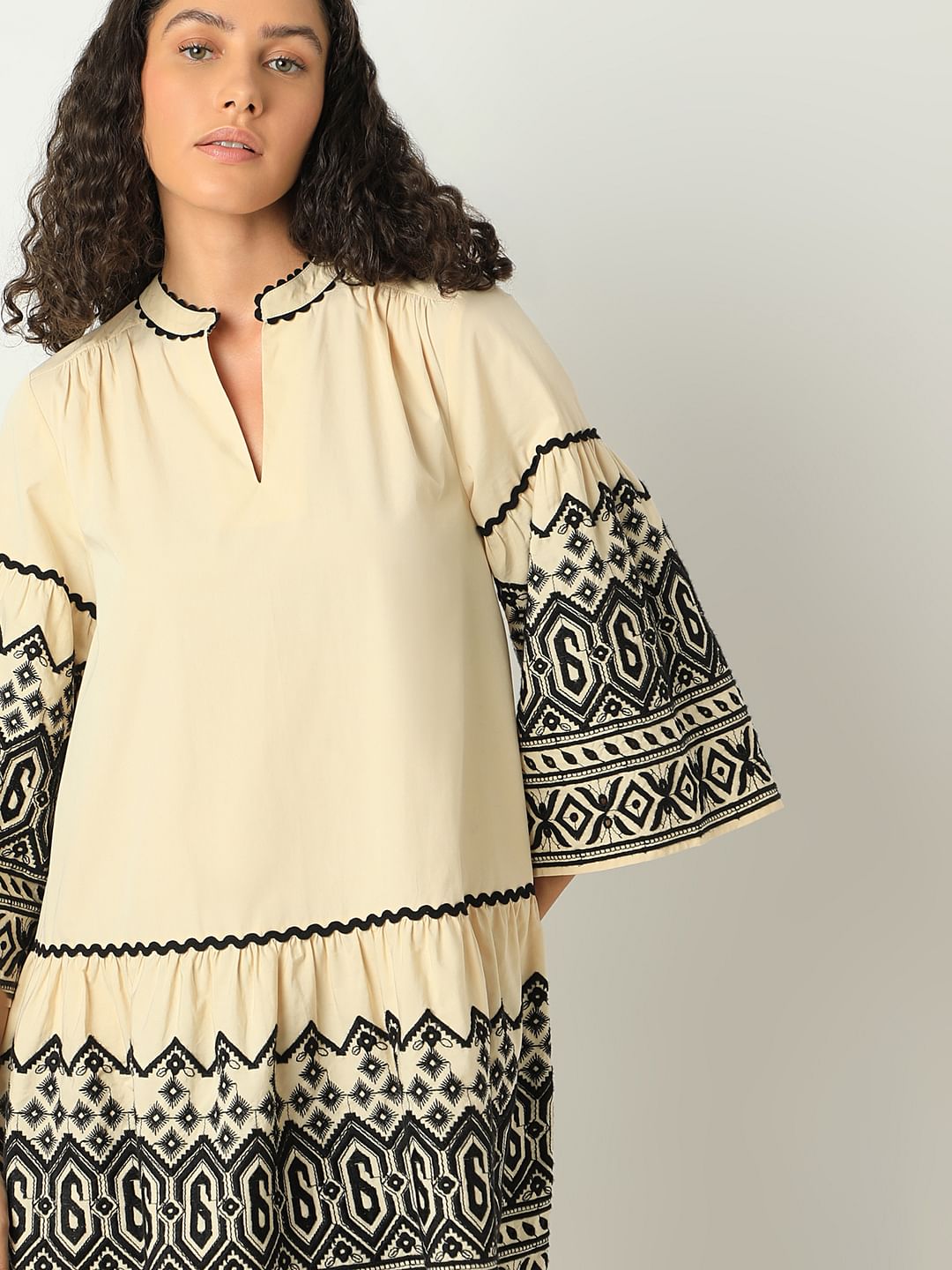 Beige Embroidered Print Dress
