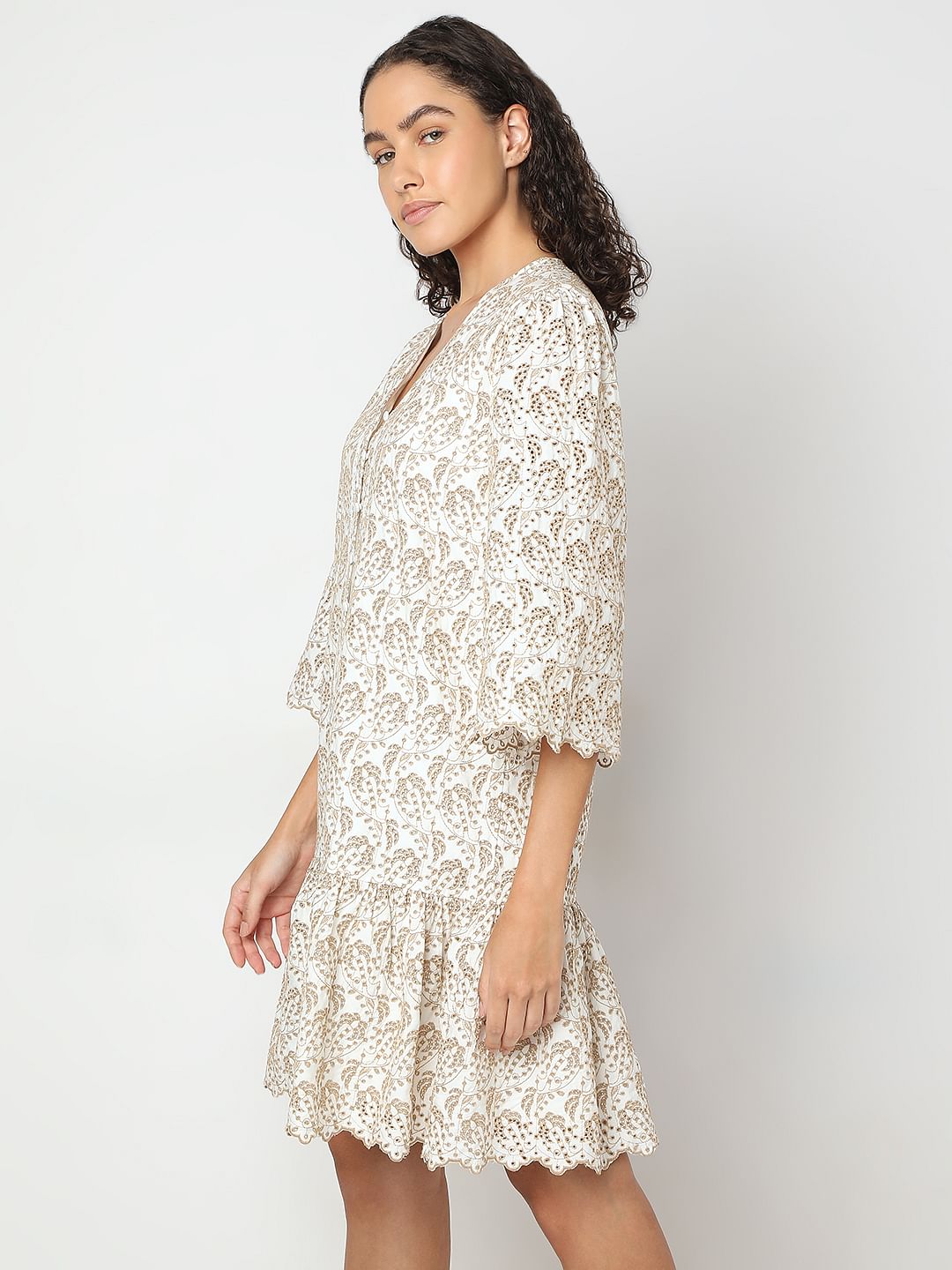 Beige Printed Short Dress