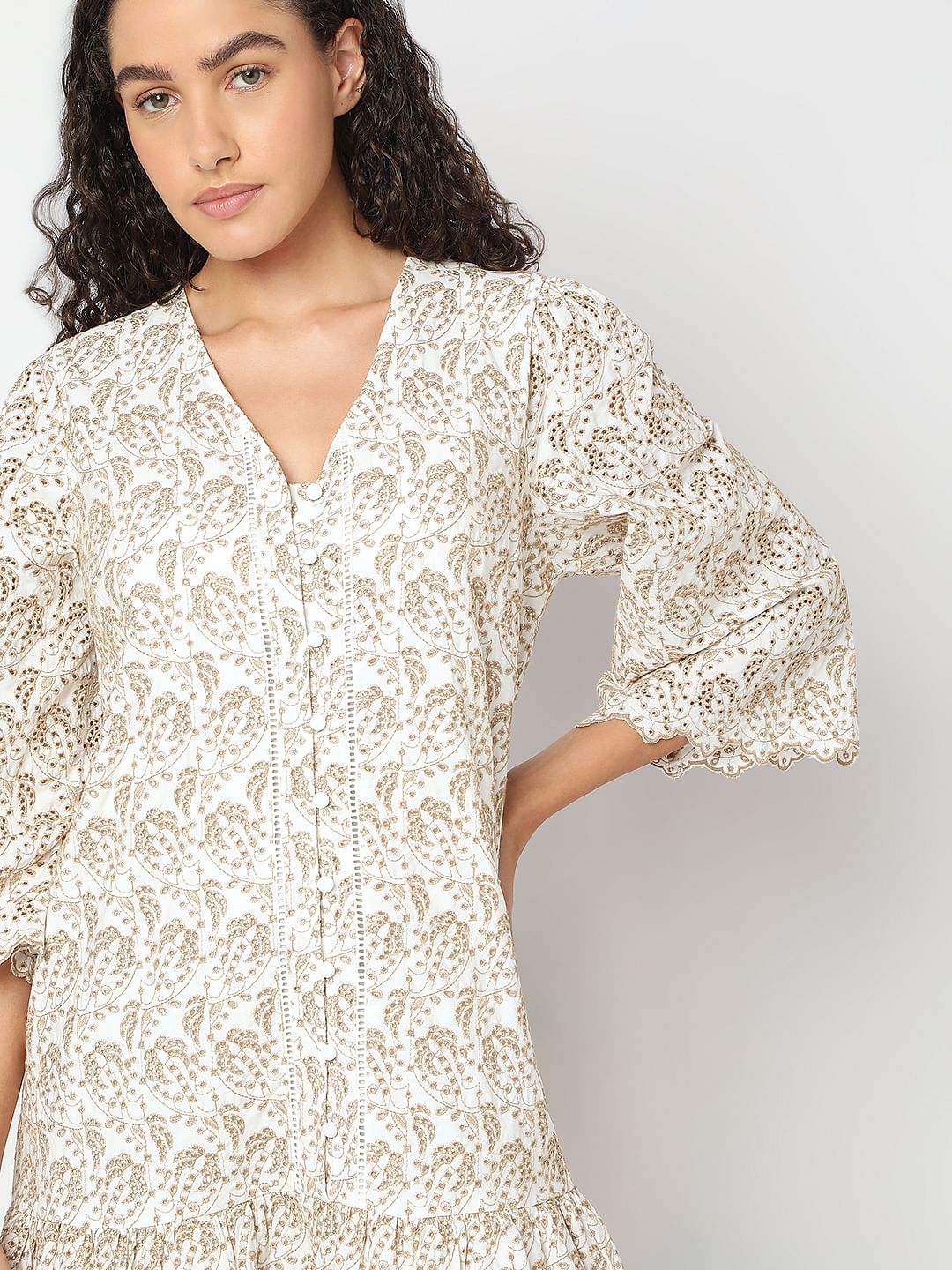 Beige Printed Short Dress