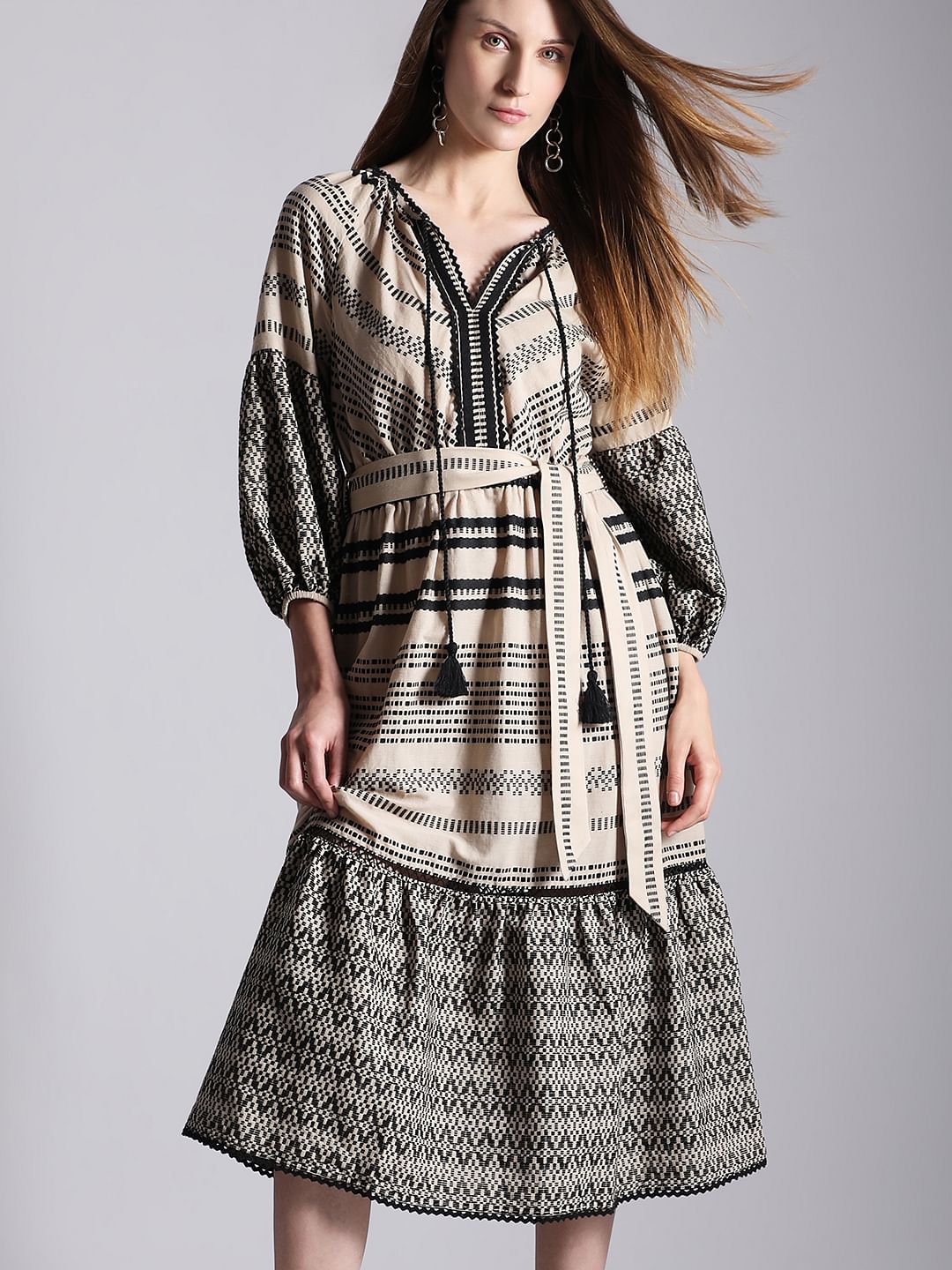 Beige Printed Cotton Midi Dress