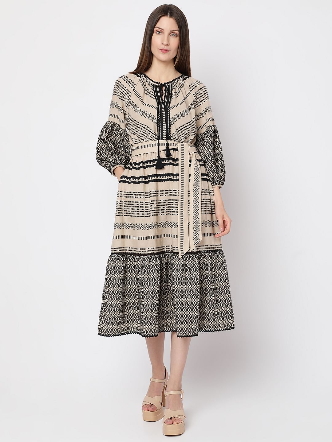 Beige Printed Cotton Midi Dress