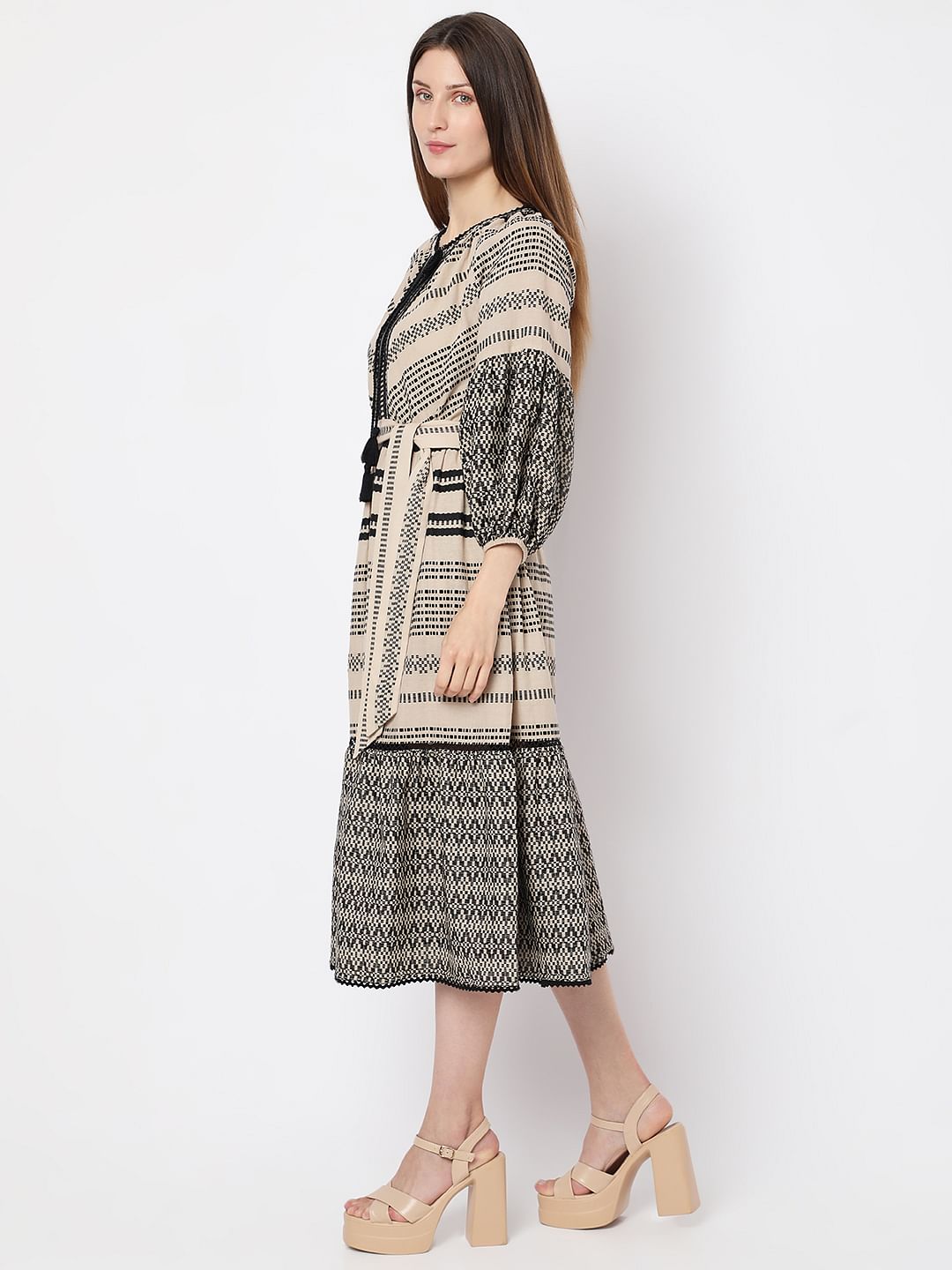 Beige Printed Cotton Midi Dress