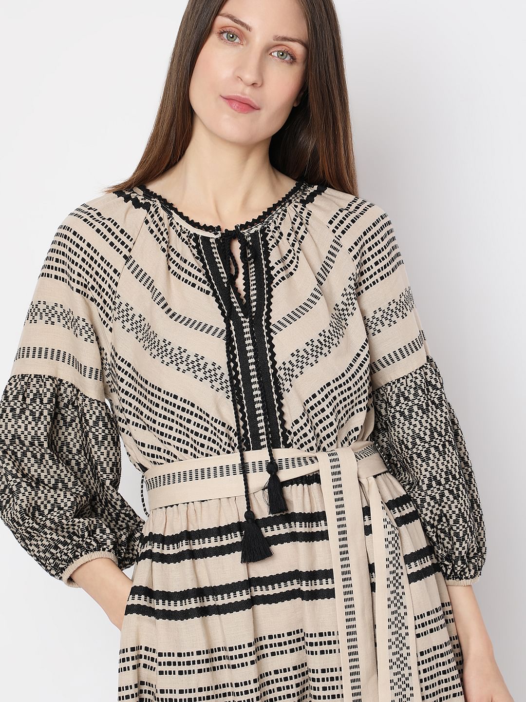 Beige Printed Cotton Midi Dress