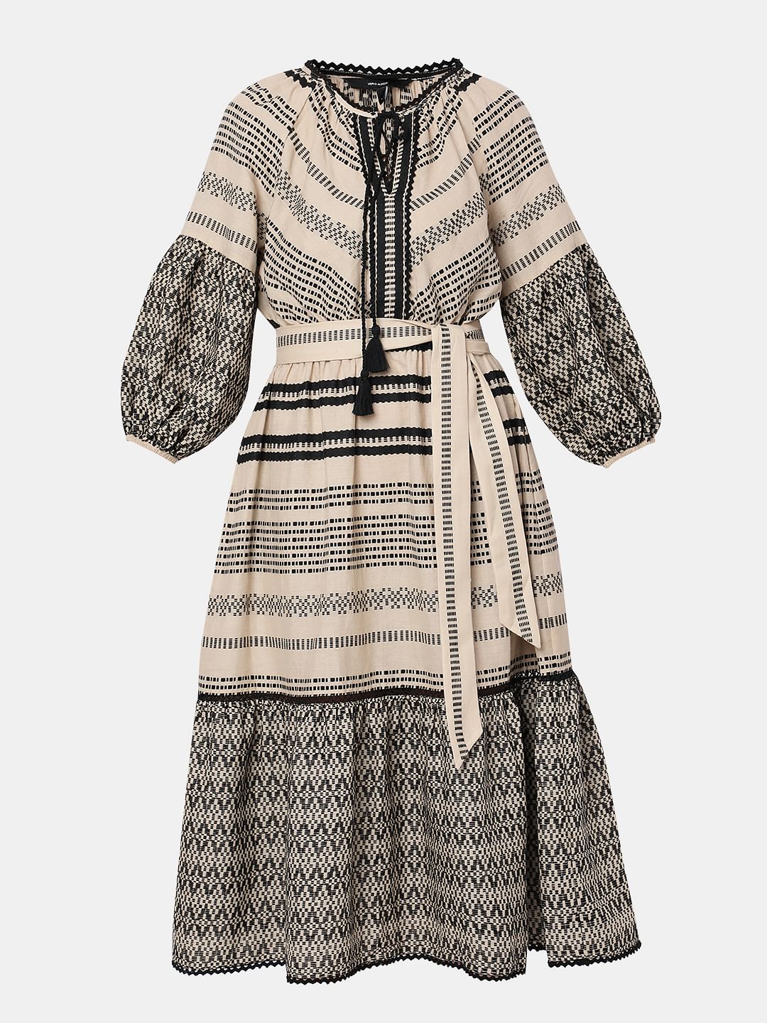 Beige Printed Cotton Midi Dress