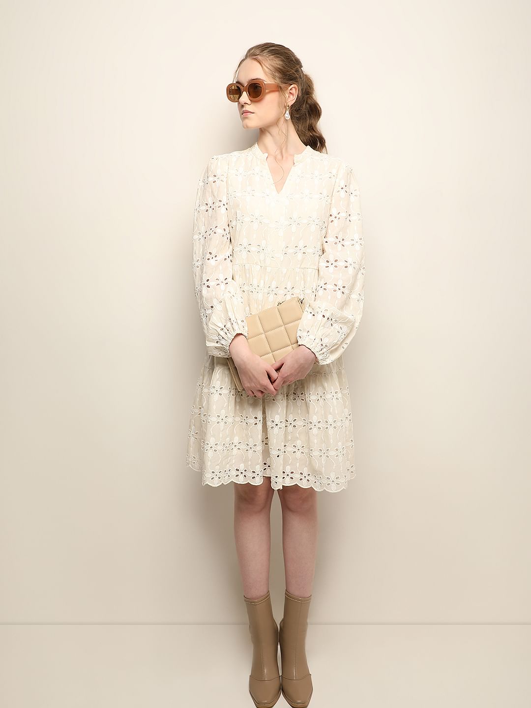 Beige Floral Cut-Out Dress