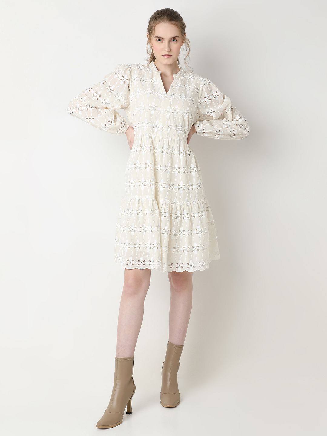 Beige Floral Cut-Out Dress