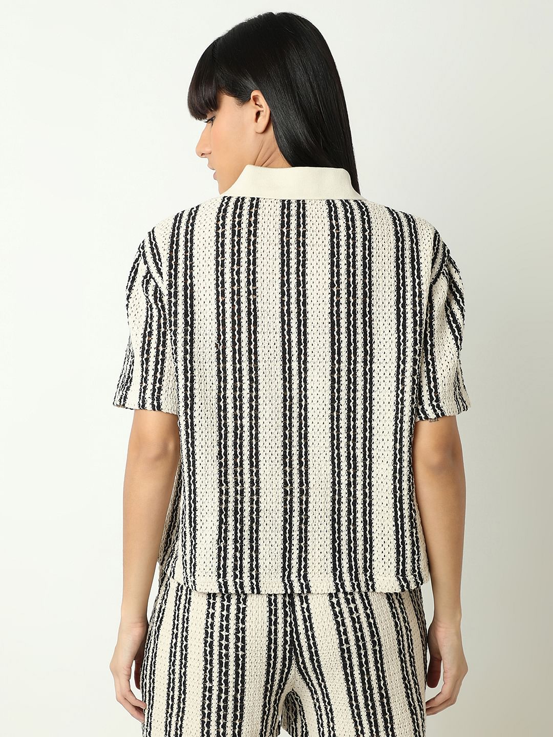 Beige Vertical Stripe Co-Ord Set T-Shirt