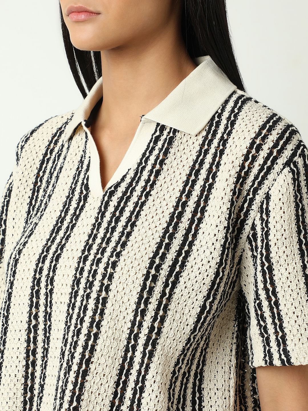 Beige Vertical Stripe Co-Ord Set T-Shirt