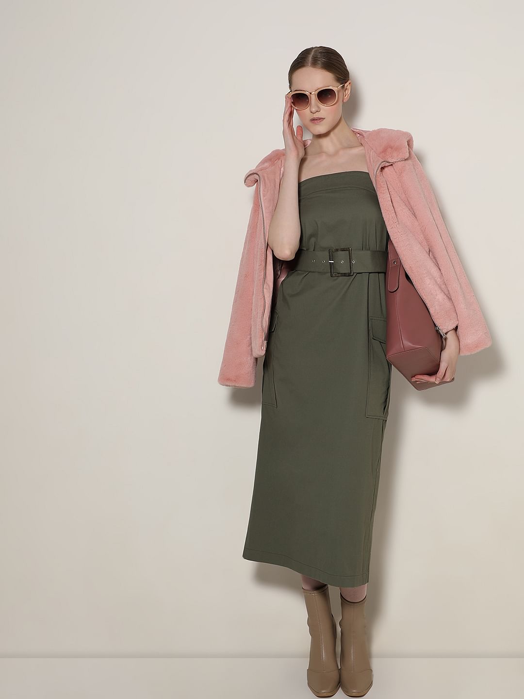 Olive Green Tube Midi Dress