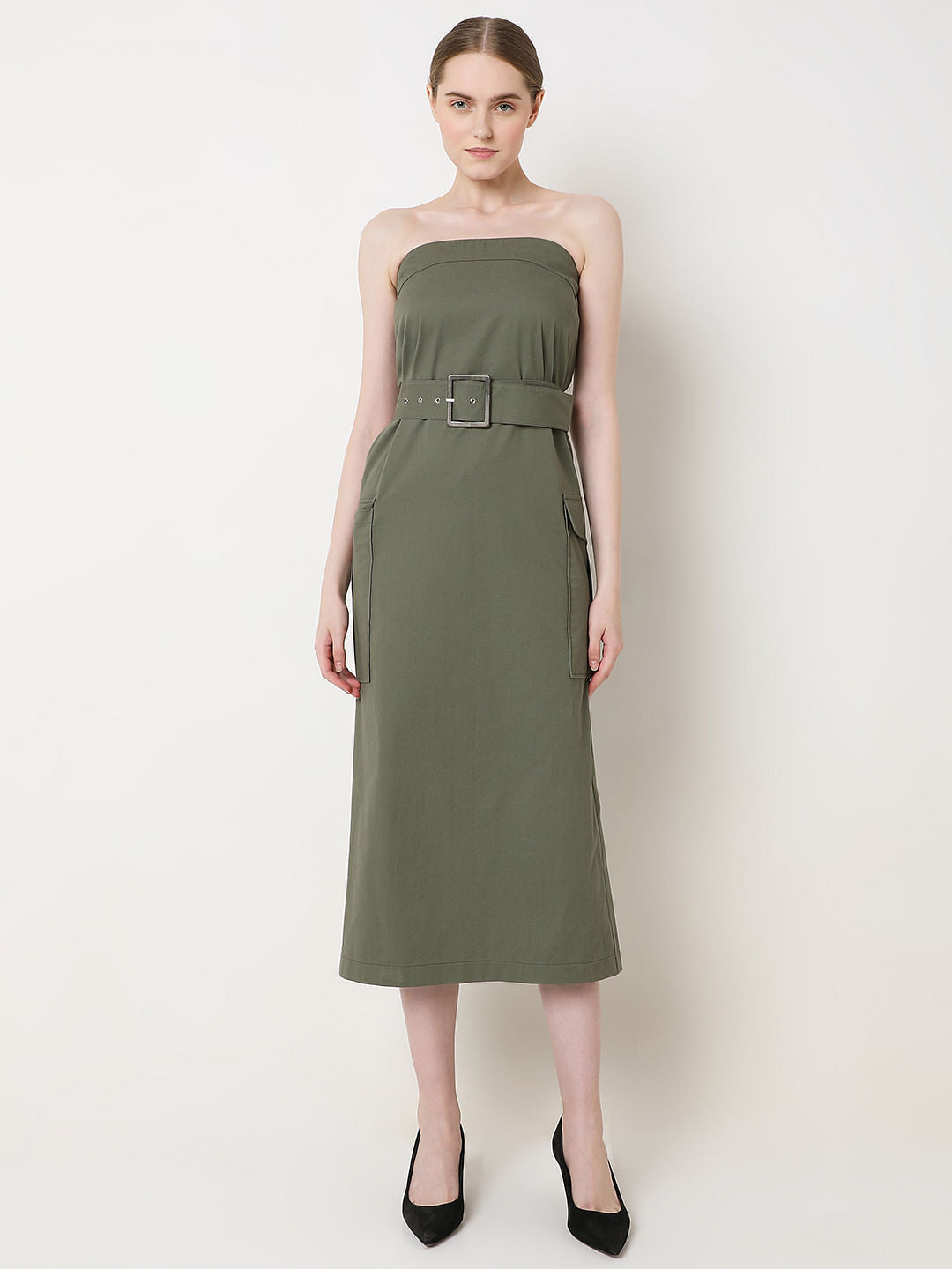 Olive Green Tube Midi Dress