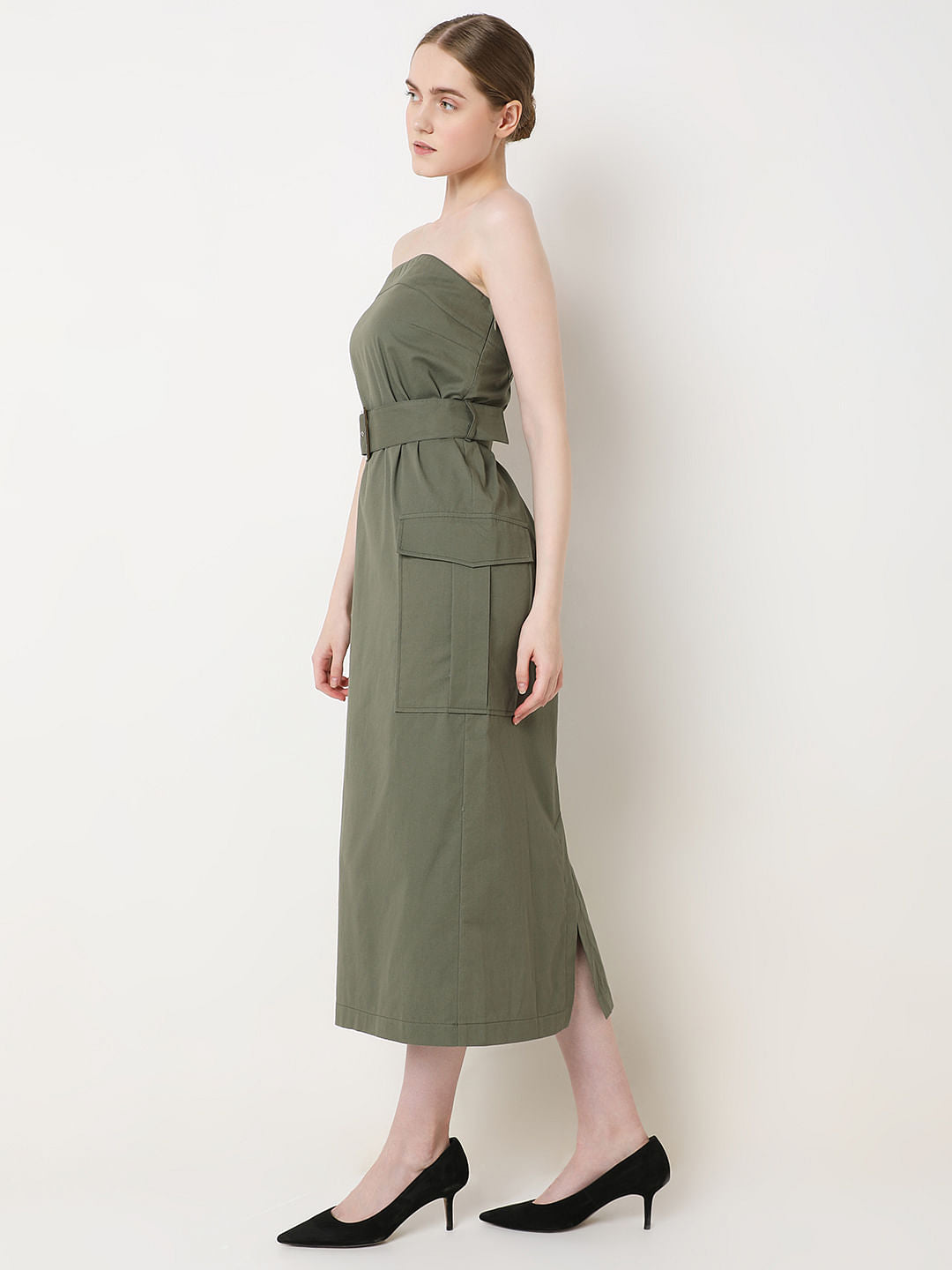 Olive Green Tube Midi Dress