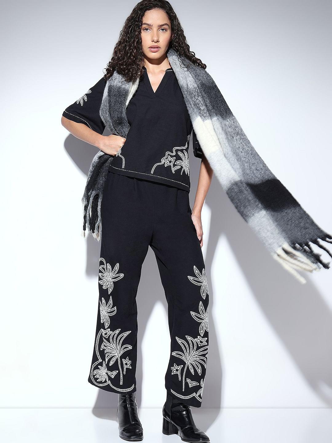 Black Embroidered Co-Ord Set Pants