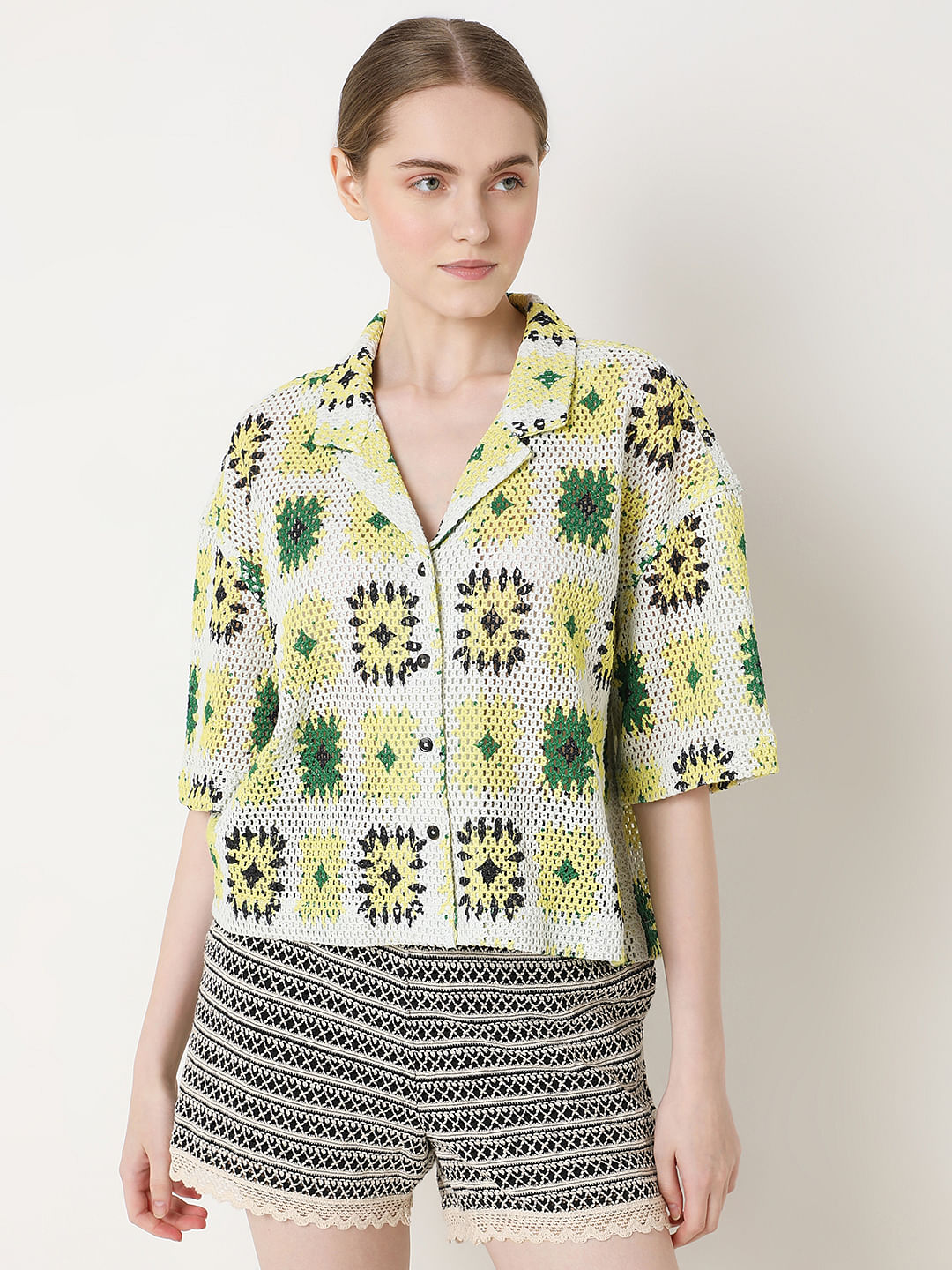 Beige Abstract Print Crochet Shirt