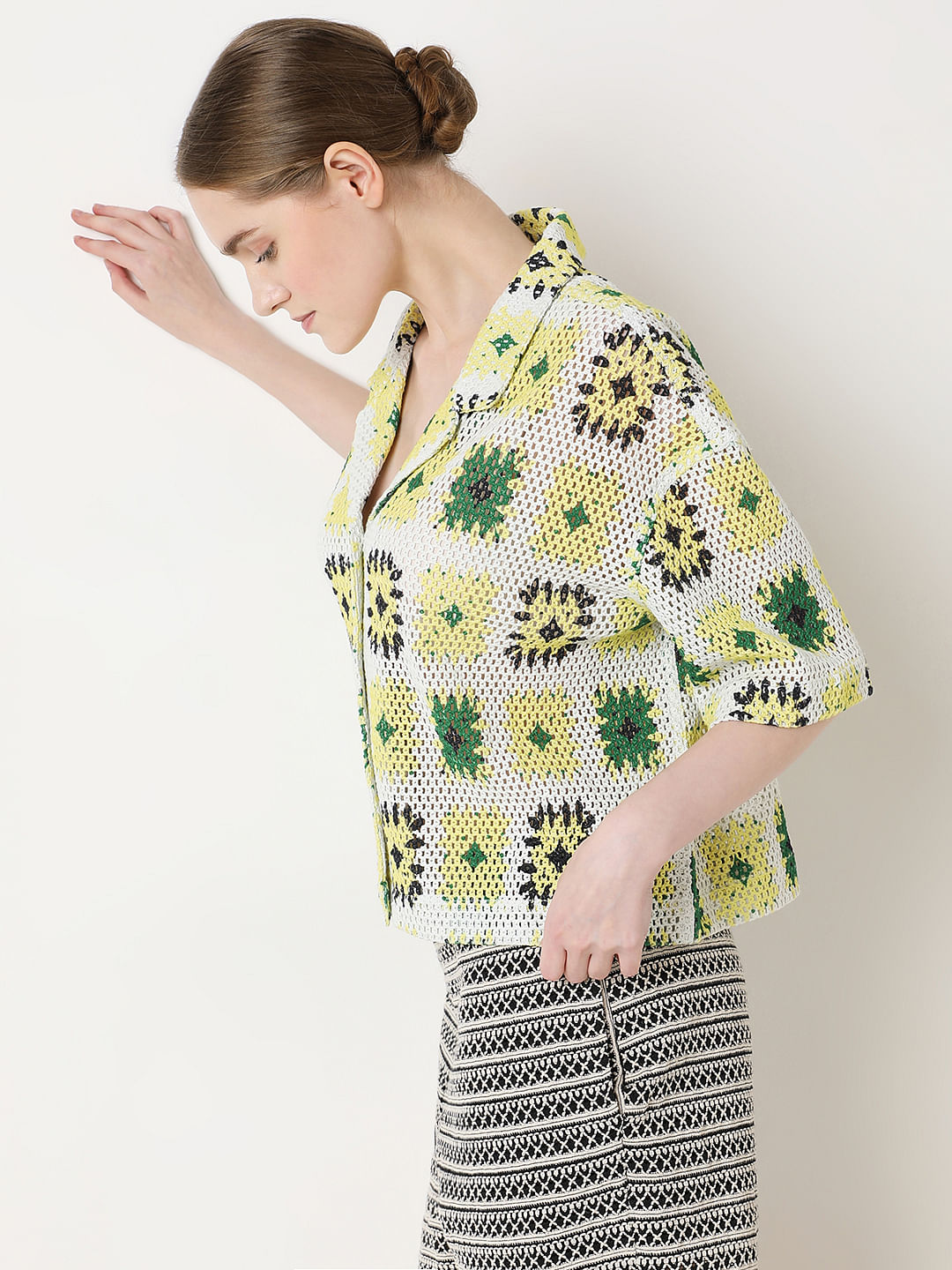 Beige Abstract Print Crochet Shirt