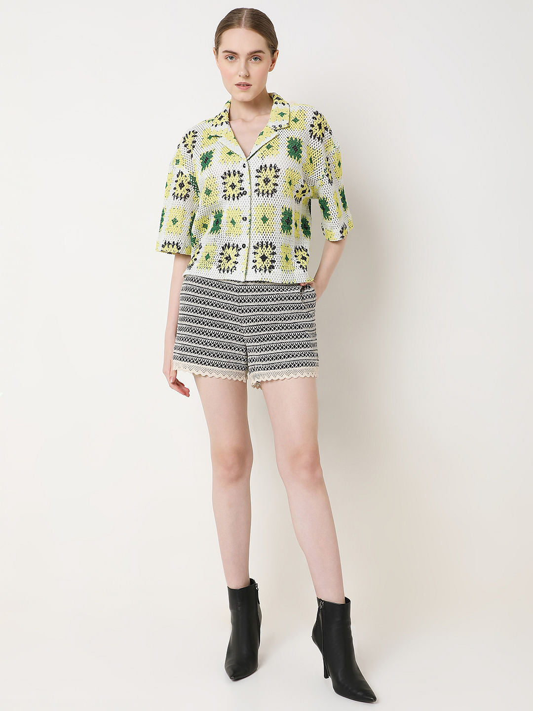 Beige Abstract Print Crochet Shirt