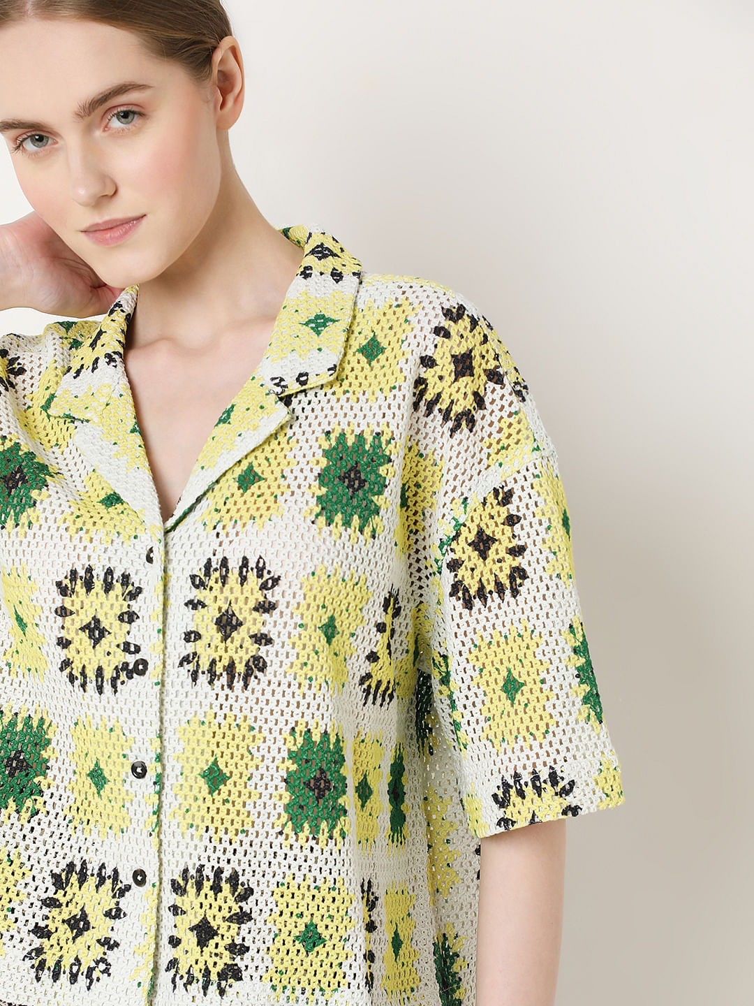 Beige Abstract Print Crochet Shirt