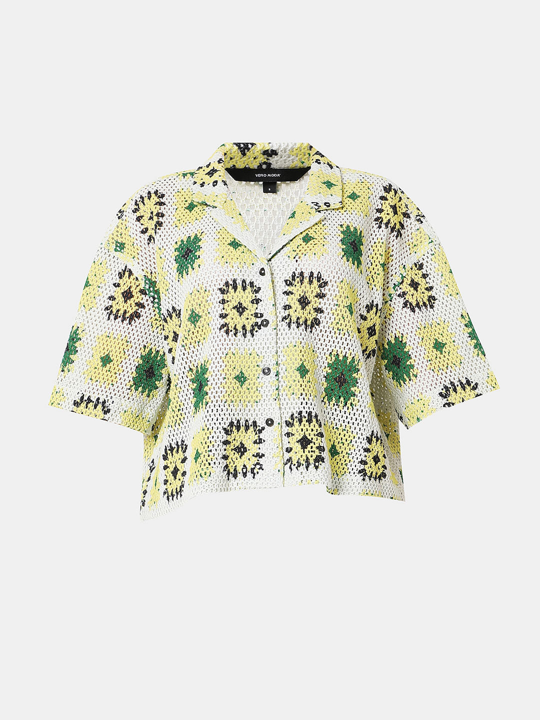 Beige Abstract Print Crochet Shirt