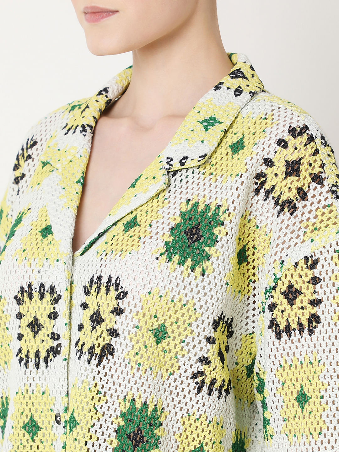 Beige Abstract Print Crochet Shirt