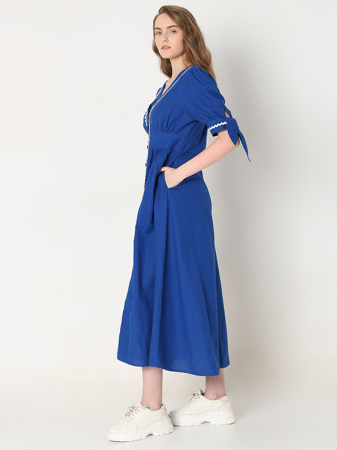 Blue Contrast Lace Detail Midi Dress