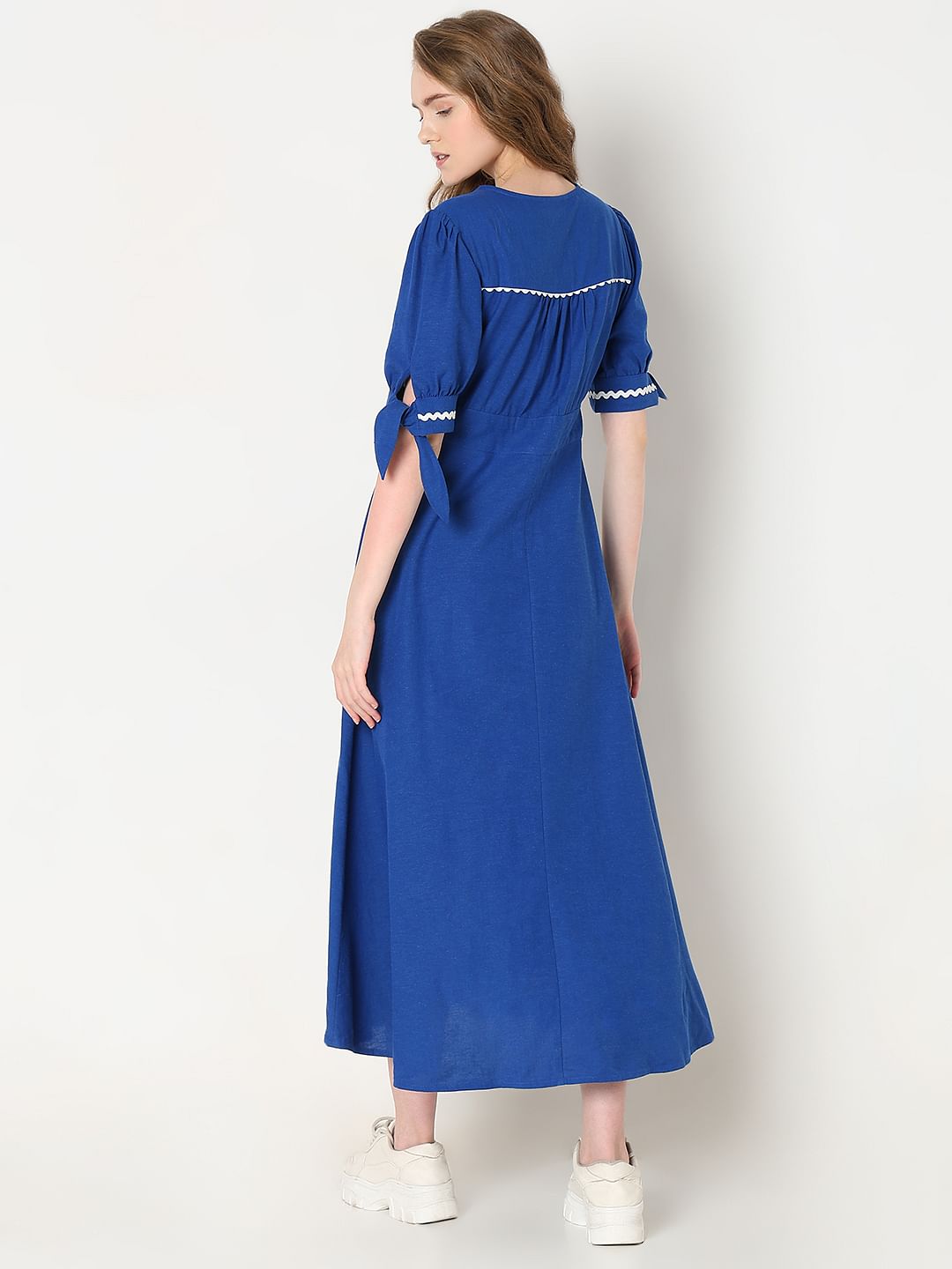 Blue Contrast Lace Detail Midi Dress