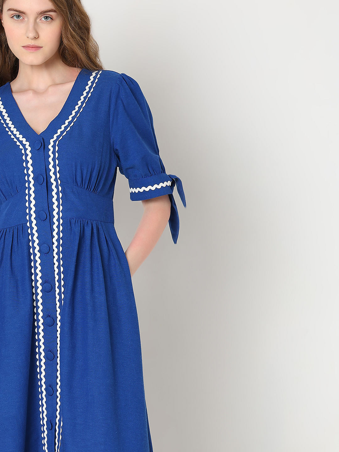 Blue Contrast Lace Detail Midi Dress