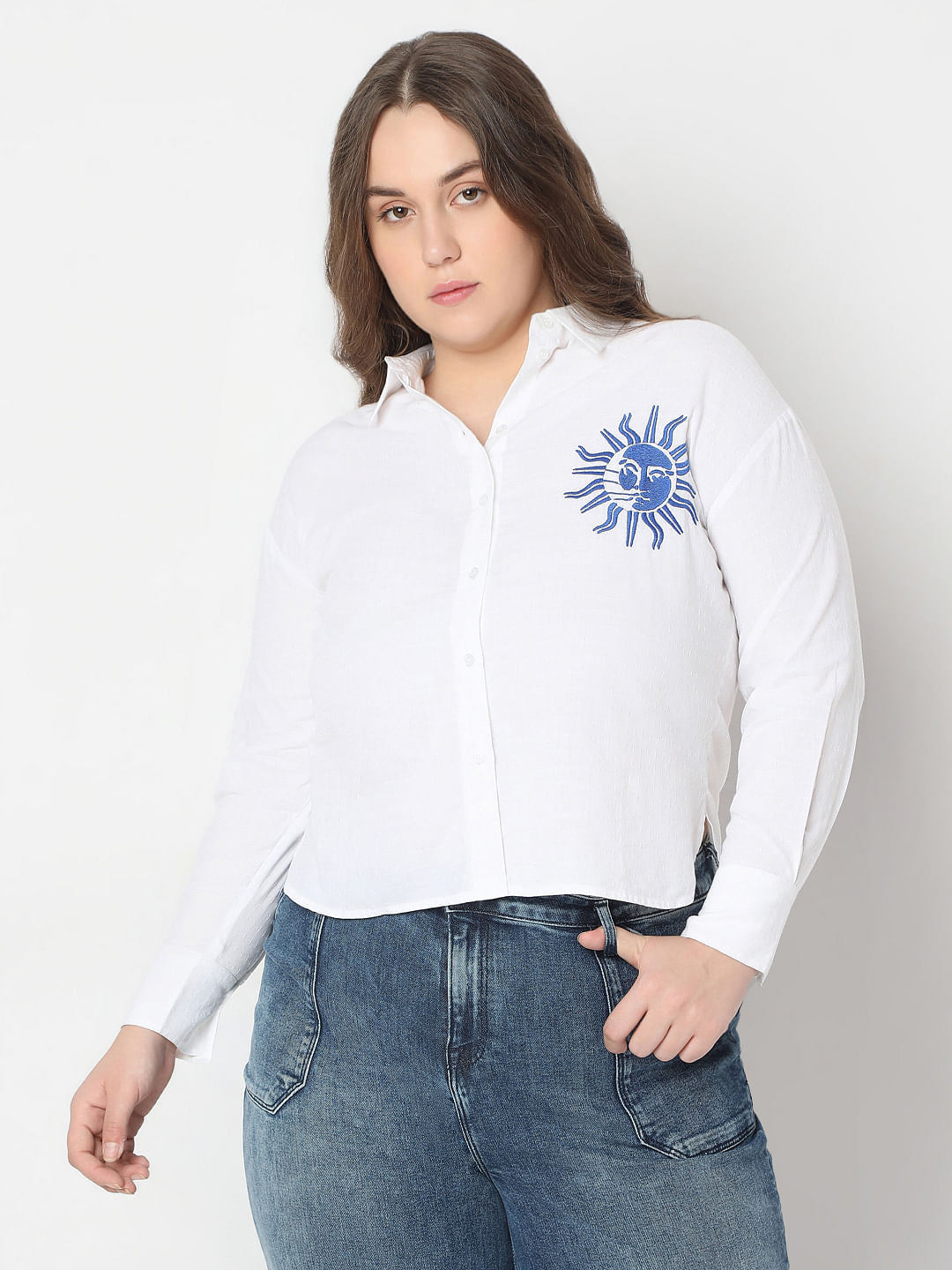 Curve White Embroidered Print Cotton Shirt