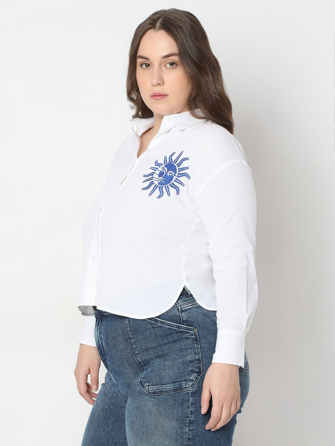 Curve White Embroidered Print Cotton Shirt