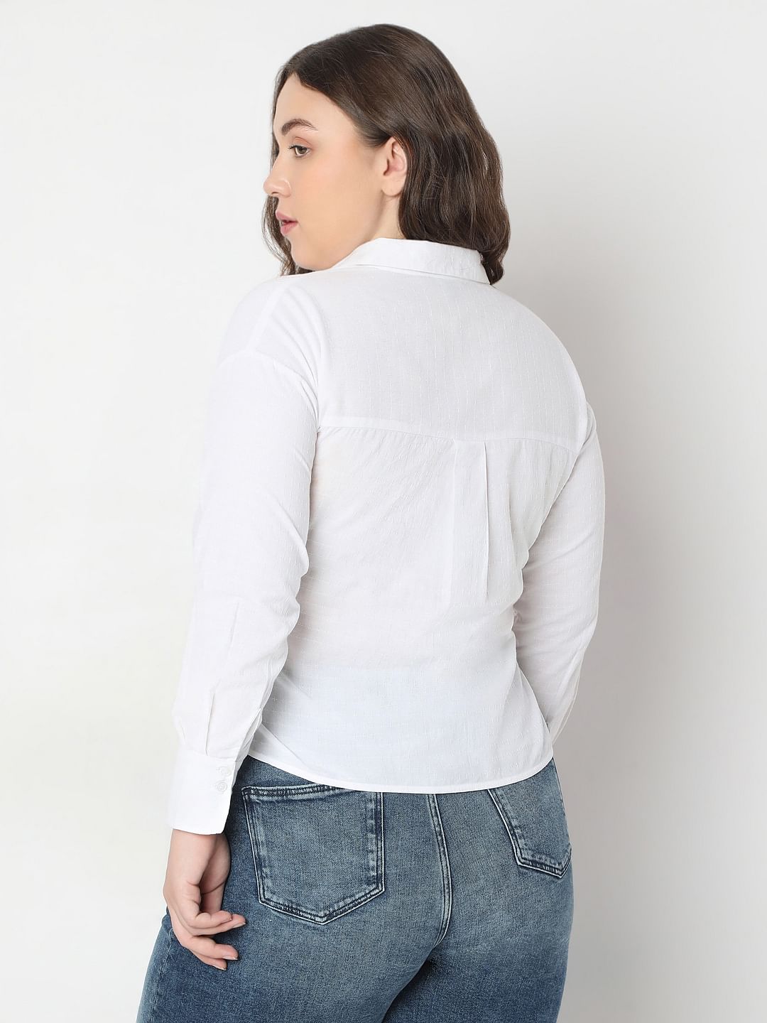 Curve White Embroidered Print Cotton Shirt