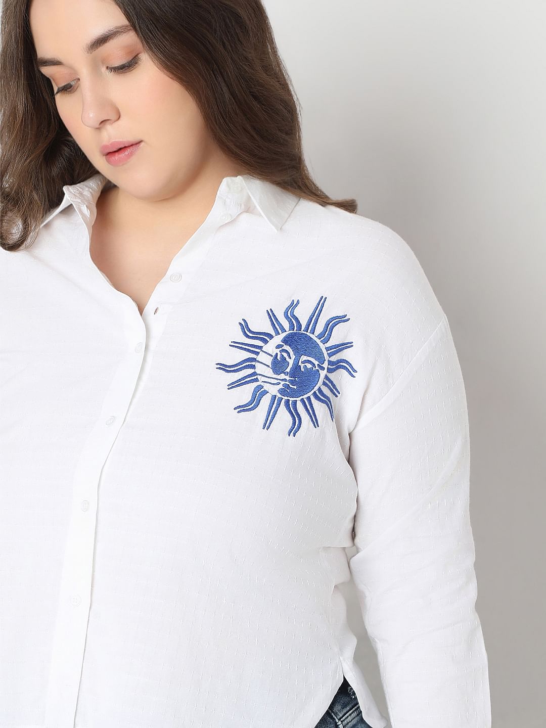 Curve White Embroidered Print Cotton Shirt