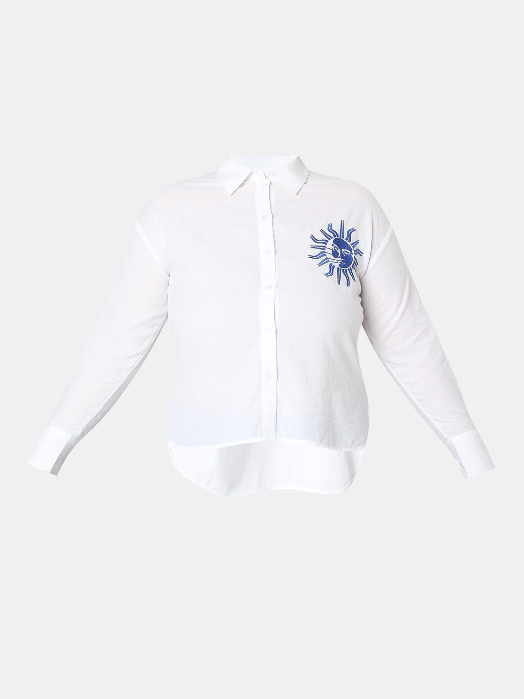 Curve White Embroidered Print Cotton Shirt