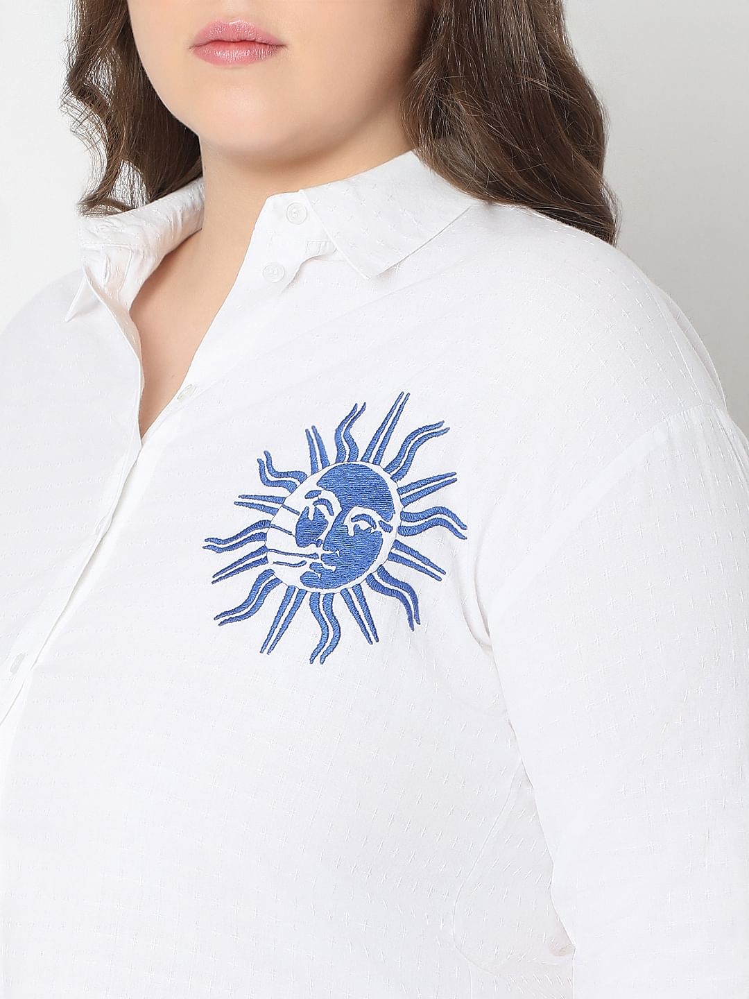 Curve White Embroidered Print Cotton Shirt