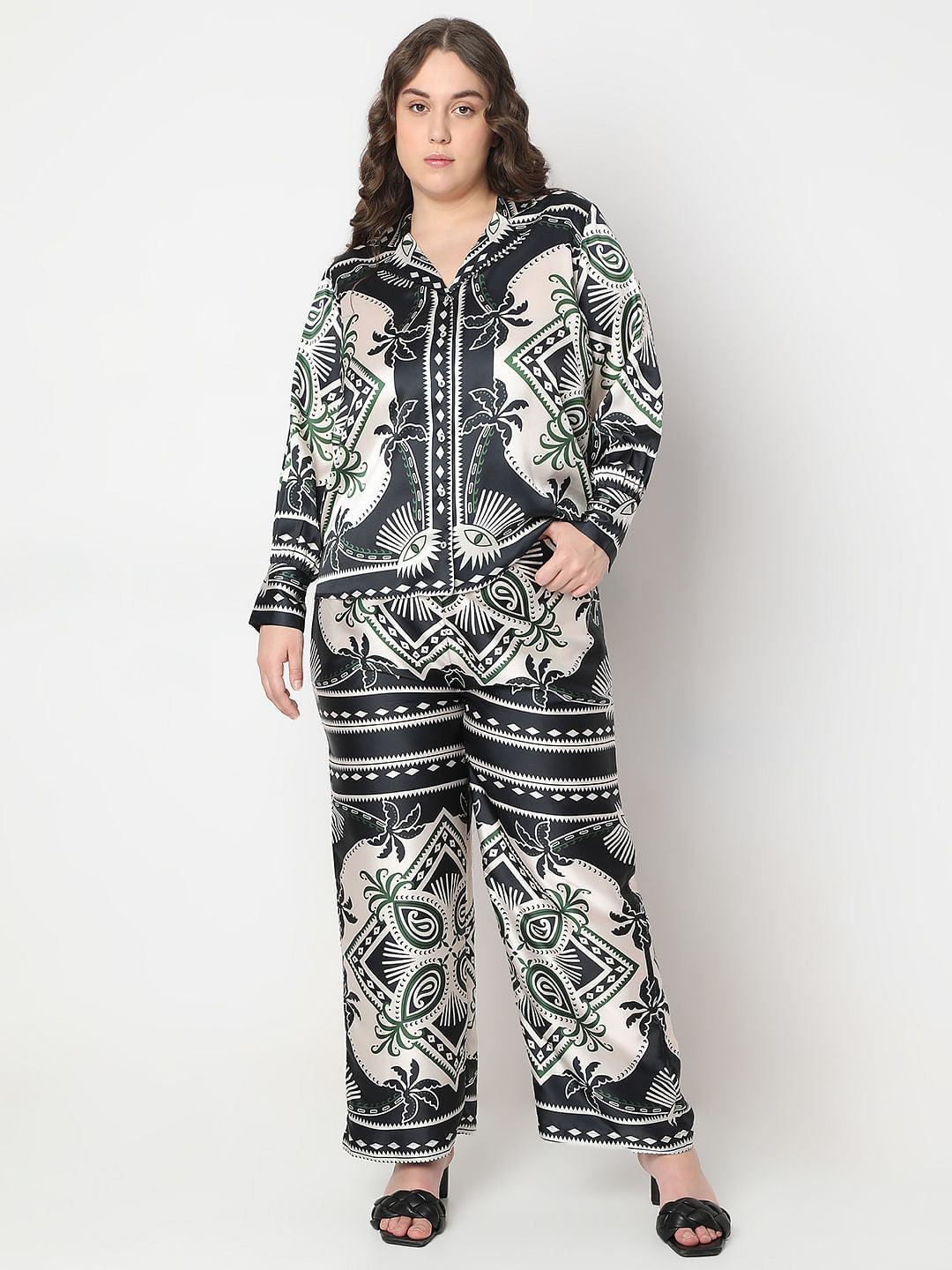 Curve Black Printed Co-Ord Set Shirt