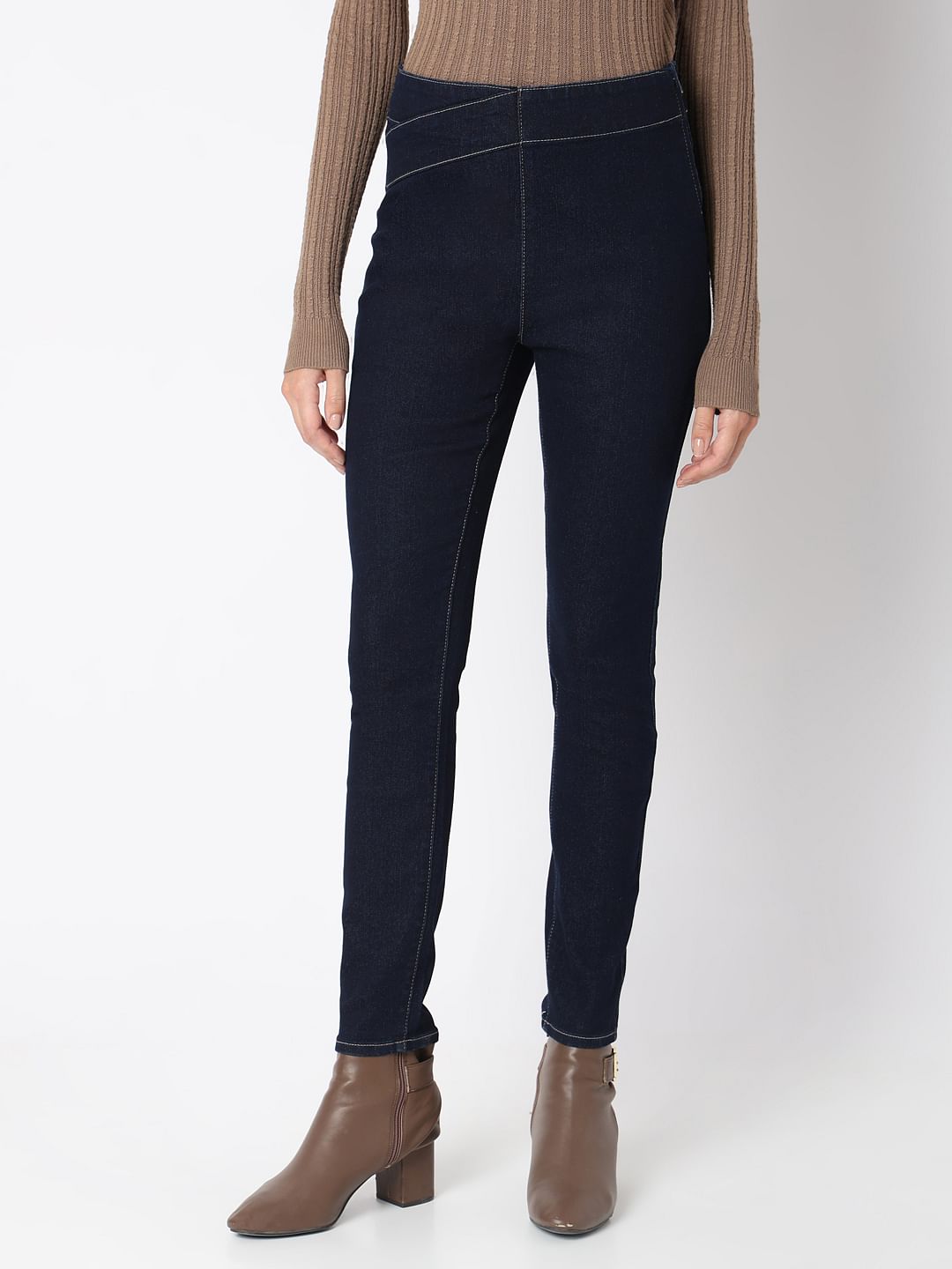 Dark Blue Cross Waist Skinny Jeans