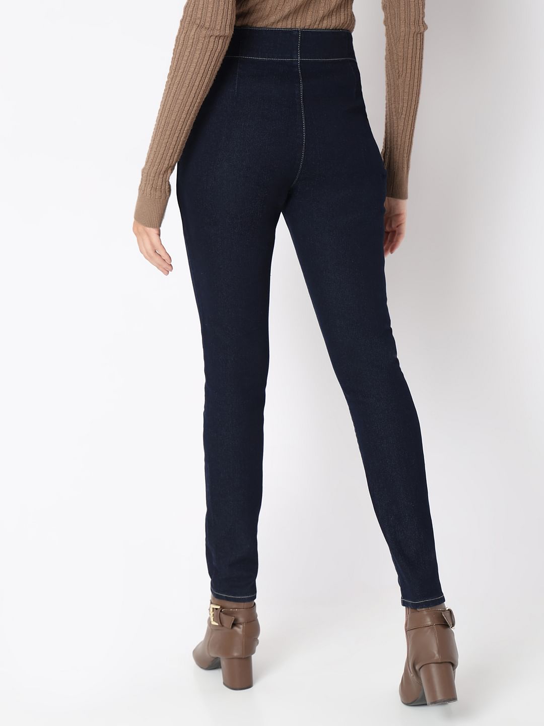 Dark Blue Cross Waist Skinny Jeans